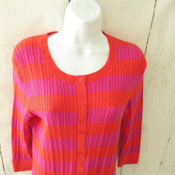 Talbots Cardigan Sweater M Medium Stripe Button Up 3/4 Sleeve - Picture 2 of 6